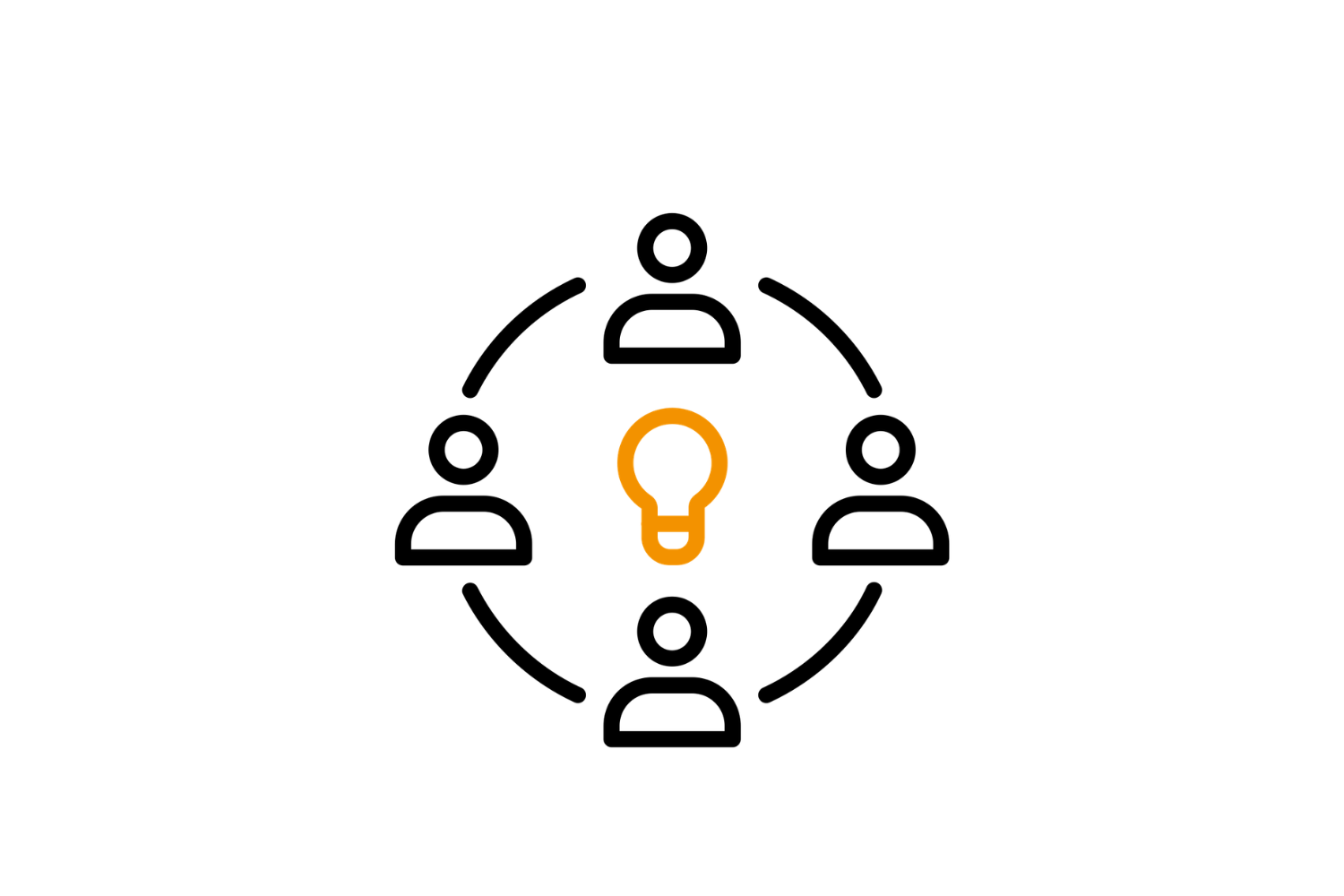 Csapatmunka piktogram. Négy emberalak körben, középen egy villanykörte.